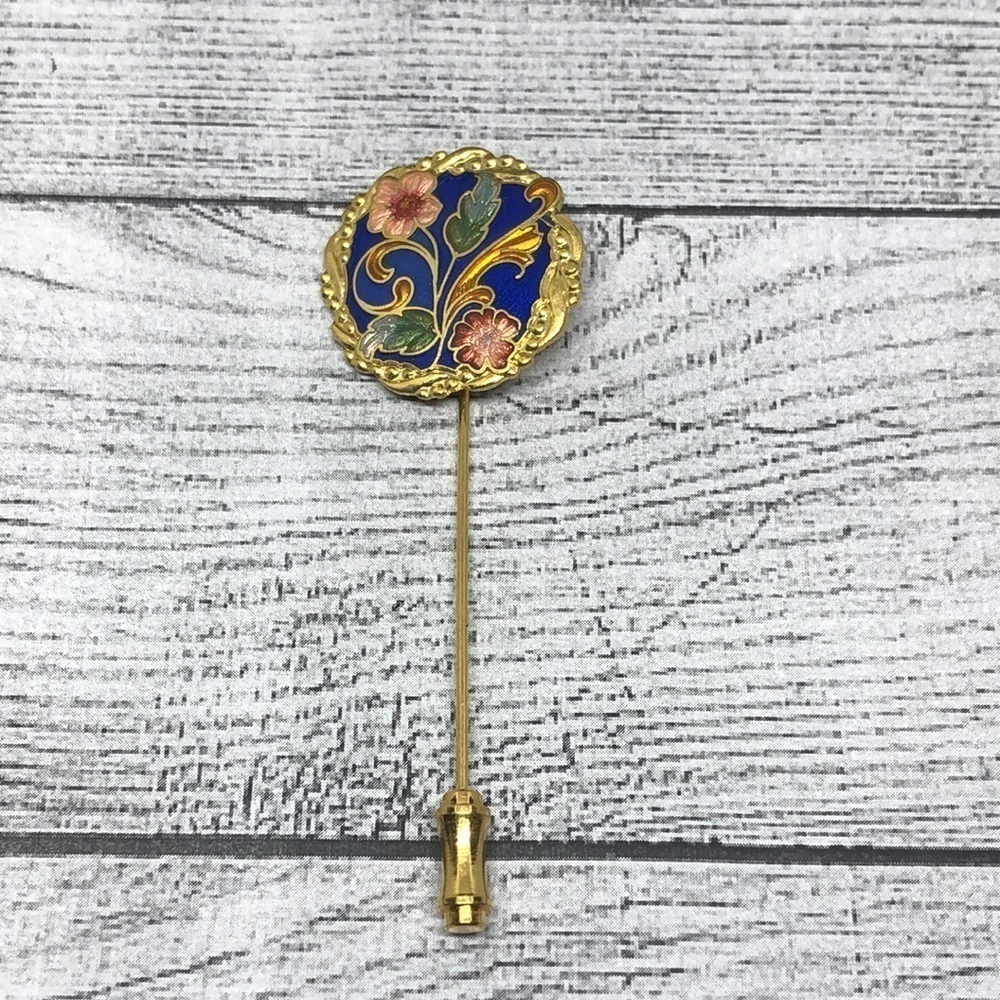 Vintage cloisonne enamel gold long sweater jacket stick pin trendy statement